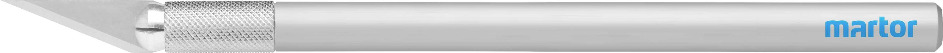 Outil de coupe argenté avec le logo bleu 'martor' sur le côté, adapté pour couper différents matériaux.