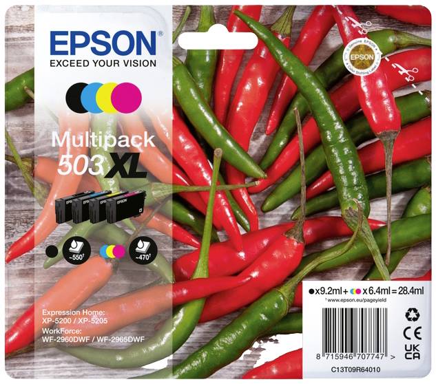 Emballage de pack multiple avec 503 XL cartouches d'encre pour imprimantes Epson, avec des piments rouges et verts en arrière-plan.