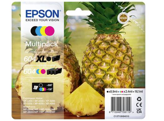 'Epson Cartouches d'encre Multipack 604 XL, représentées sur un emballage d'ananas. Contient un ensemble de cartouches d'encre noire et couleur.'