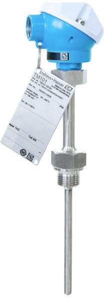 Capteur de température avec boîtier bleu et étiquette de données pour mesurer les températures de liquides, adapté aux applications industrielles.