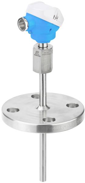 Un capteur de température avec un boîtier bleu et une fixation par bride en acier inoxydable, adapté aux applications industrielles.