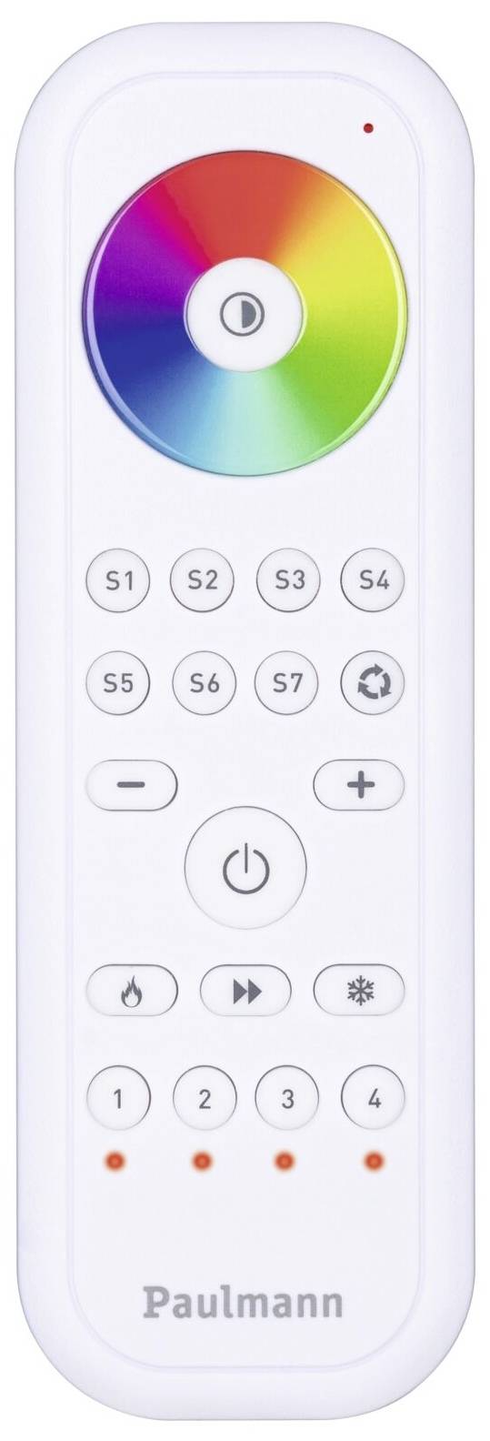 Télécommande avec anneau tactile LED multicolore et touches pour la luminosité, la température de couleur et la mémorisation des programmes.