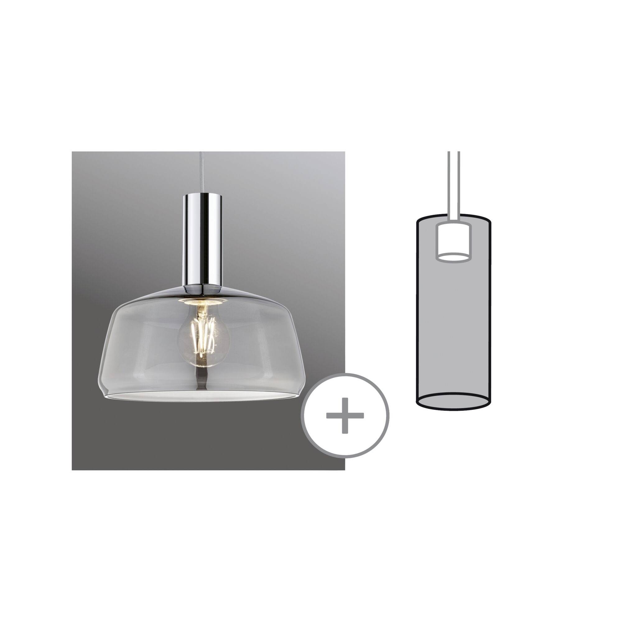 Plafonnier avec un abat-jour transparent et une ampoule, à côté un dessin schématique du même luminaire.