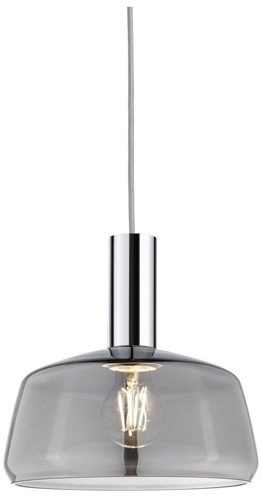 Lampe suspendue transparente avec ampoule visible, au design moderne, illuminée, suspendue à un câble fin.