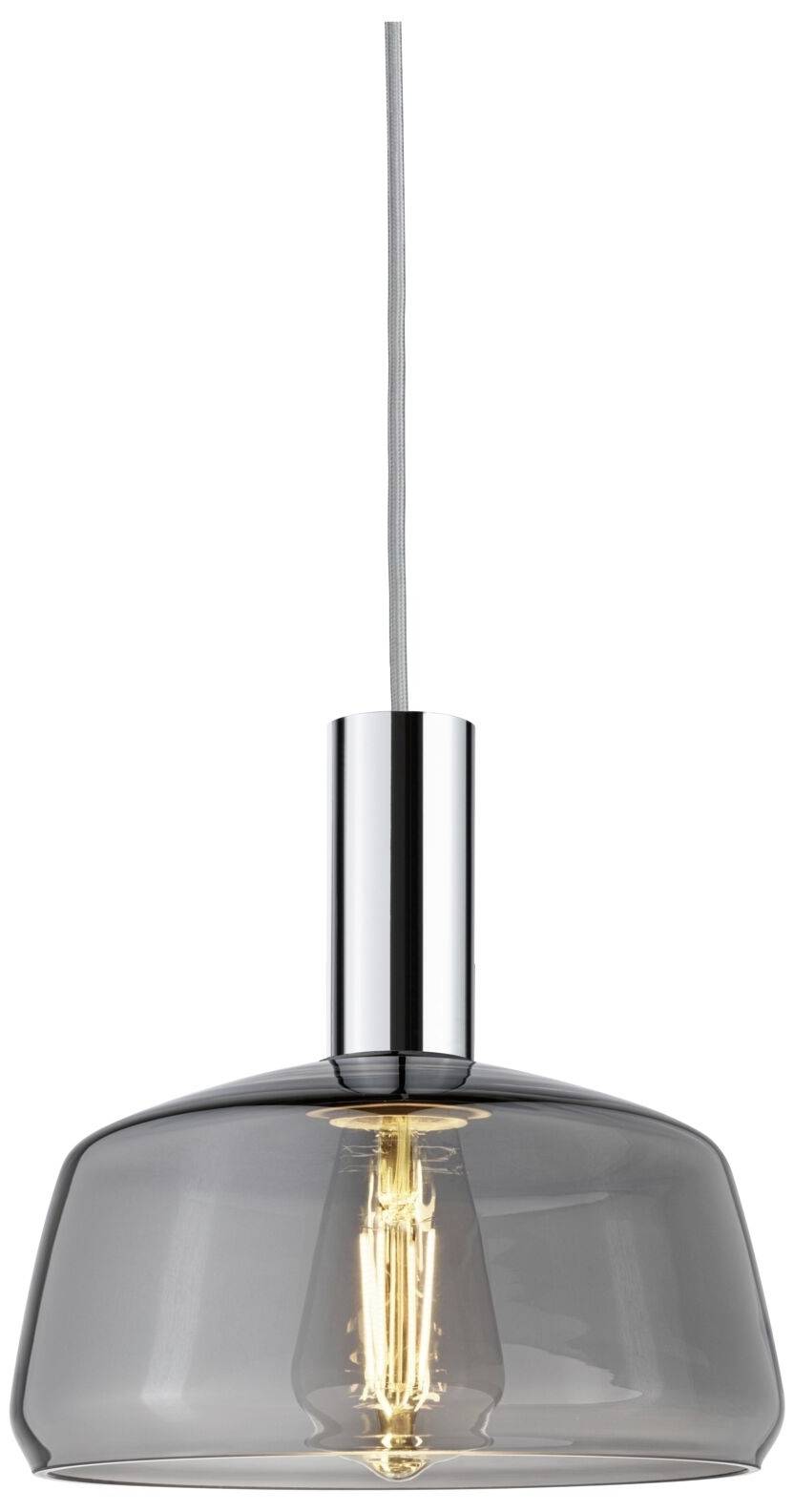 Une lampe de plafond moderne suspendue avec un abat-jour en verre transparent gris et une ampoule lumineuse à l'intérieur.