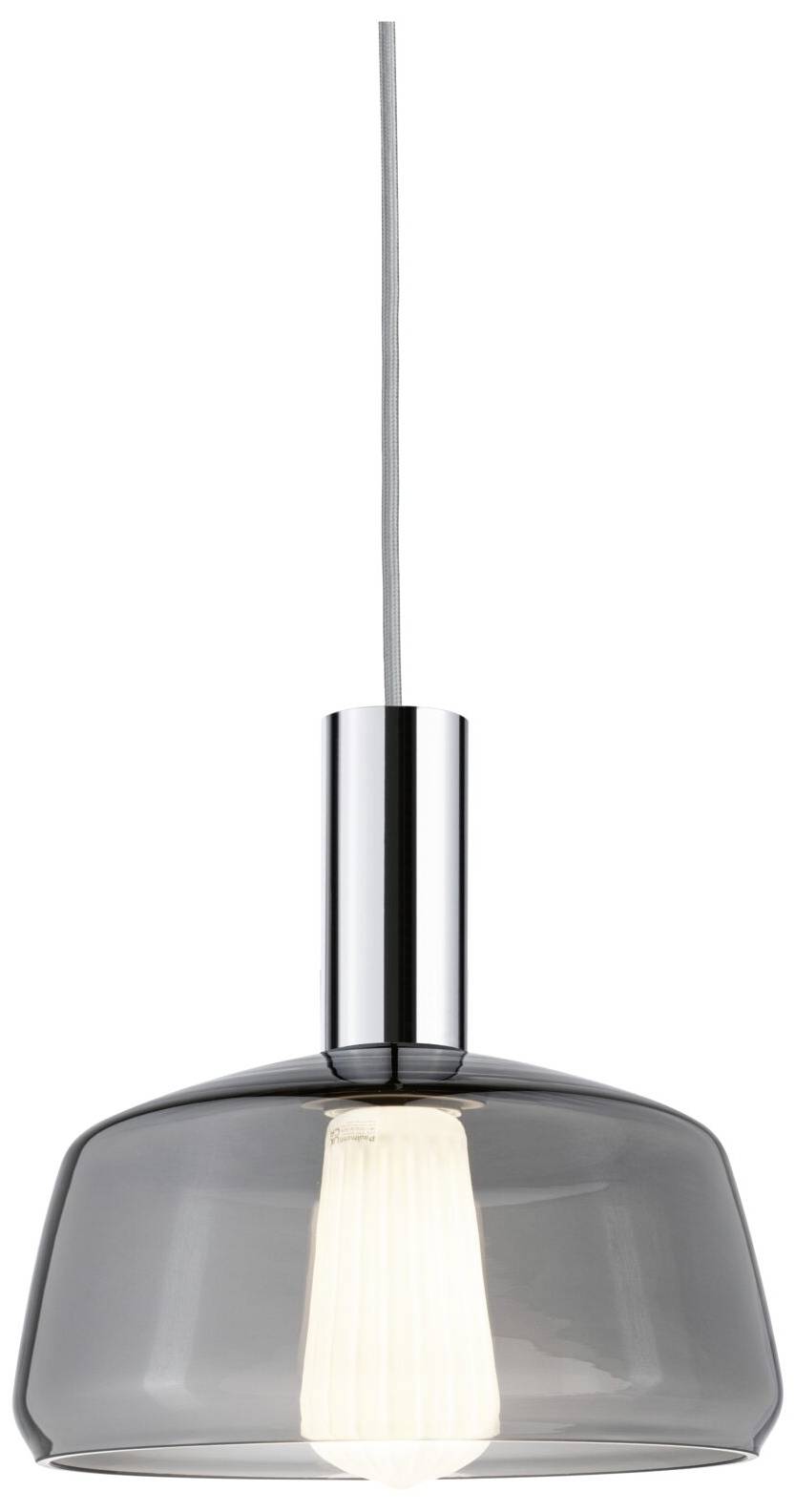 Un luminaire suspendu moderne avec un abat-jour en verre transparent et une ampoule visible qui diffuse de la lumière.