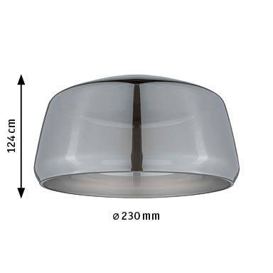 Plafonnier en verre gris, diamètre de 230 mm, hauteur de 124 mm.