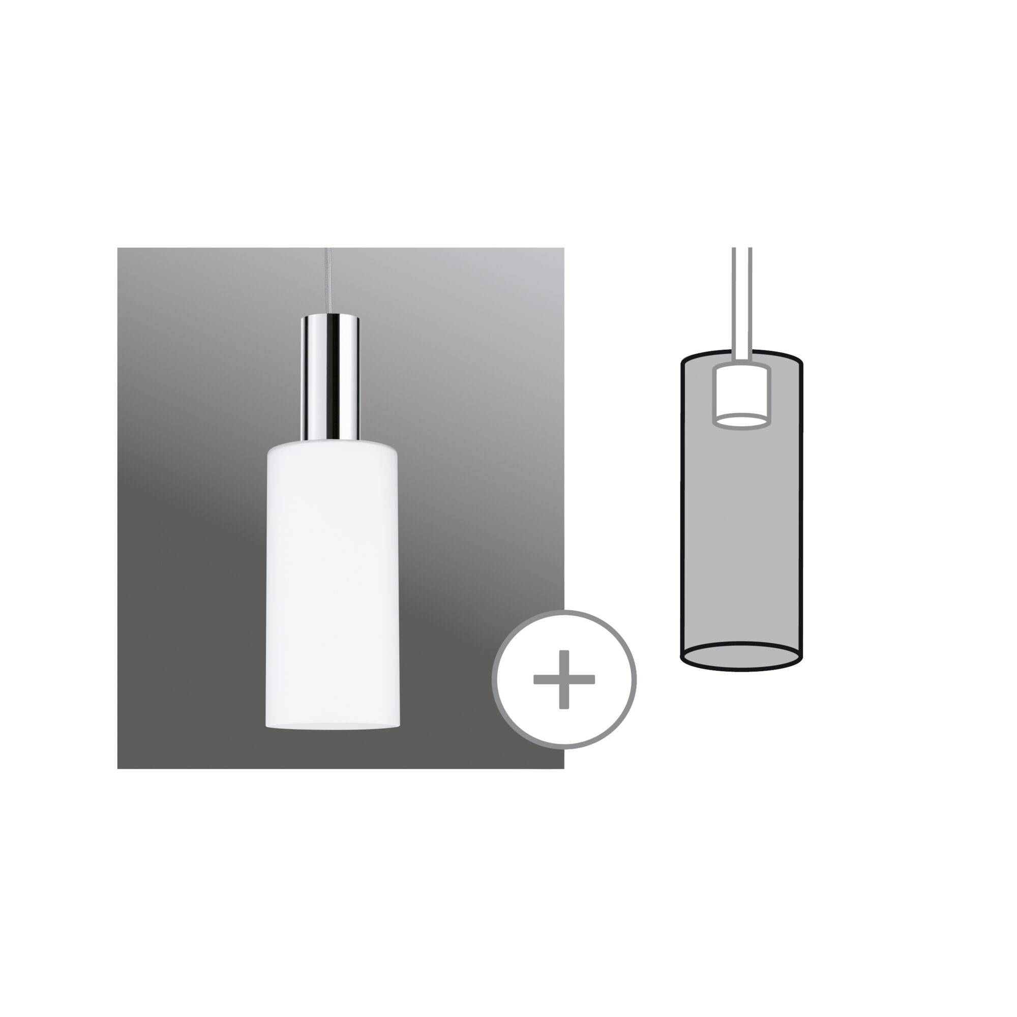 Une lampe blanche cylindrique est suspendue au plafond. À côté, un schéma représentant la même lampe avec un signe plus.