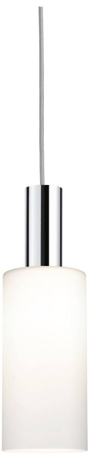 Suspension avec abat-jour cylindrique en verre blanc et cylindre de fixation argenté, suspendue à un câble blanc.