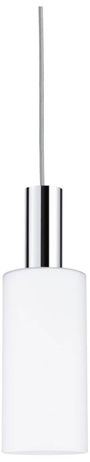 Une lampe suspendue moderne, cylindrique, en métal, à surface blanche et élément argenté, suspendue à un câble.