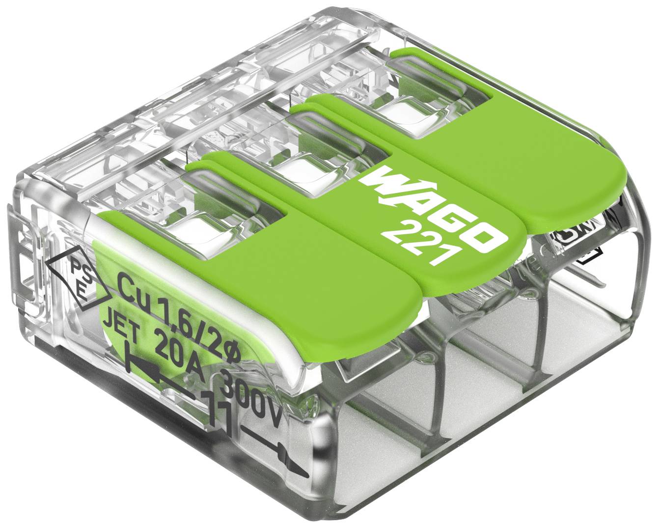 Un connecteur électrique transparent de la marque WAGO, modèle 221, avec trois leviers verts, pour connexion de fil légère.