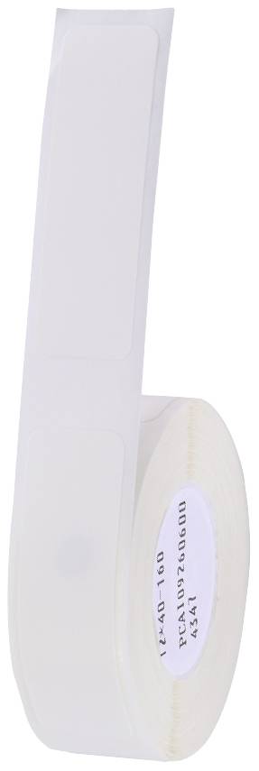 Un rouleau d'étiquettes blanches disposées en ligne. Les étiquettes sont rectangulaires et semblent adhésives.