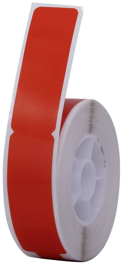 Rouleau d'étiquettes rondes rouges avec bordure blanche sur noyau en plastique.