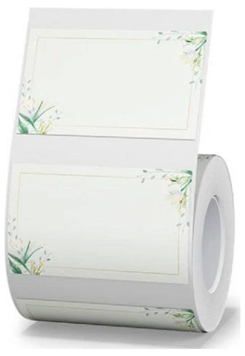 Rouleau d'étiquettes délicates au motif floral. Adapté pour l'étiquetage ou la décoration, présenté en blanc avec des accents verts et jaunes.