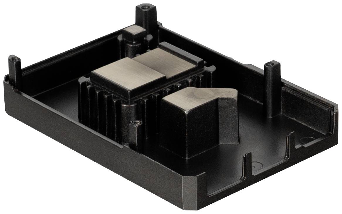 Couvercle en plastique noir avec des composants de dissipation thermique métalliques intégrés. Forme rectangulaire avec supports surélevés aux angles.