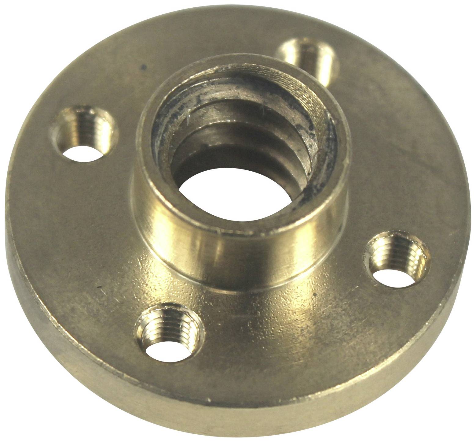 Une écrou métallique avec quatre trous symétriquement disposés autour d'un taraudage central, utilisé pour le montage de pièces.