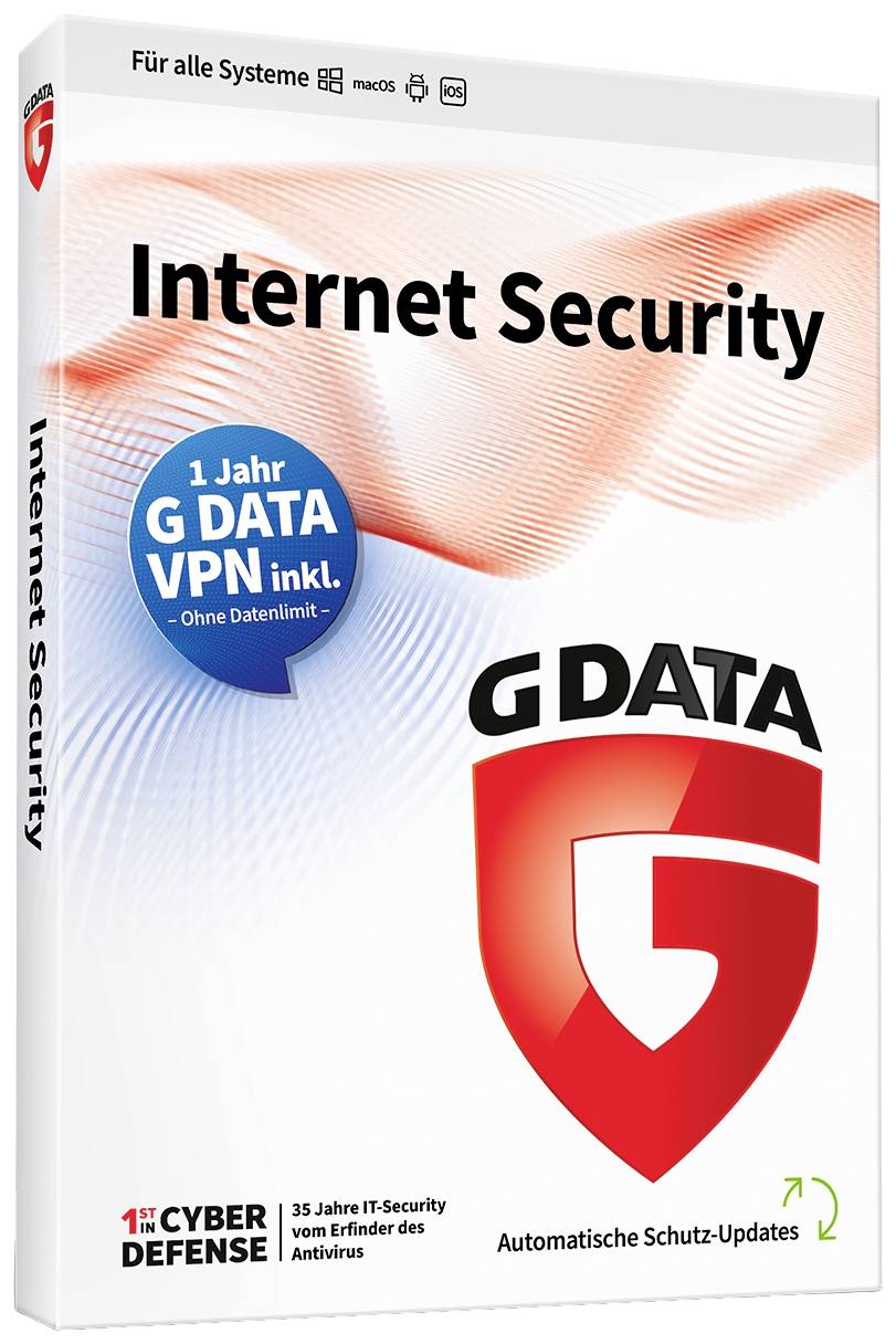 Un emballage portant l'inscription 'Internet Security' et le logo de G DATA. Mention de '1 an de VPN inclus' et mises à jour automatiques.