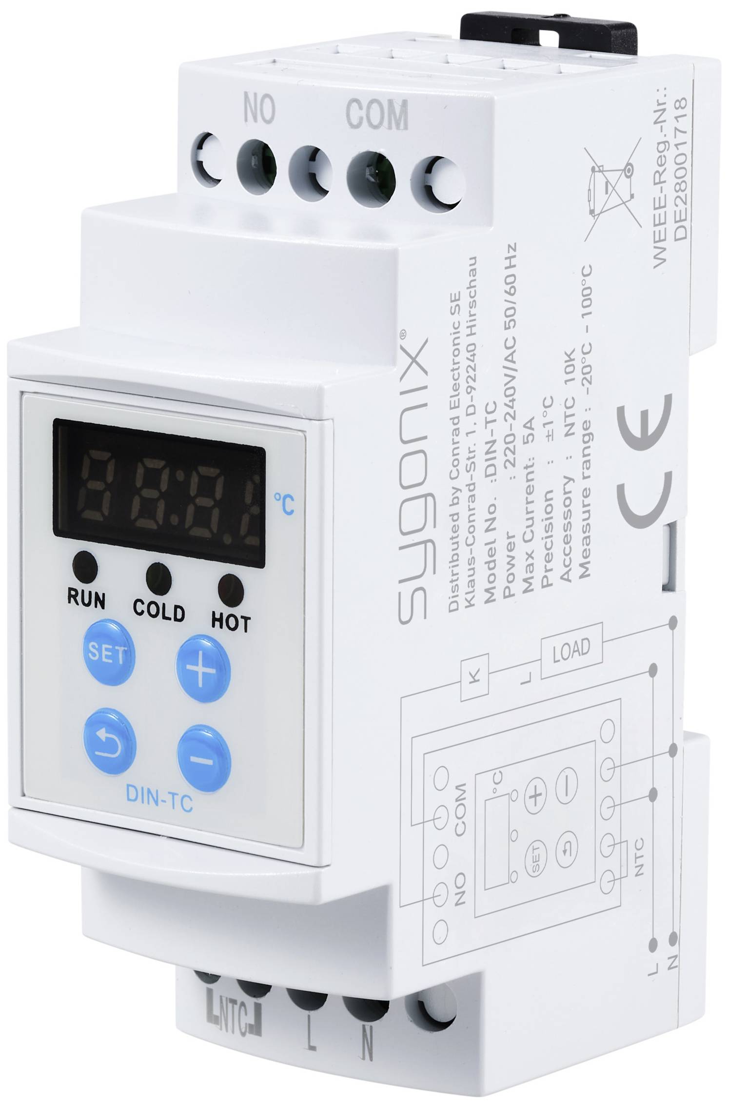 Un thermostat numérique dans l'armoire électrique, affichant la température en degrés Celsius. Les éléments de commande comprennent 'RUN', 'SET', 'COLD', 'HOT'.