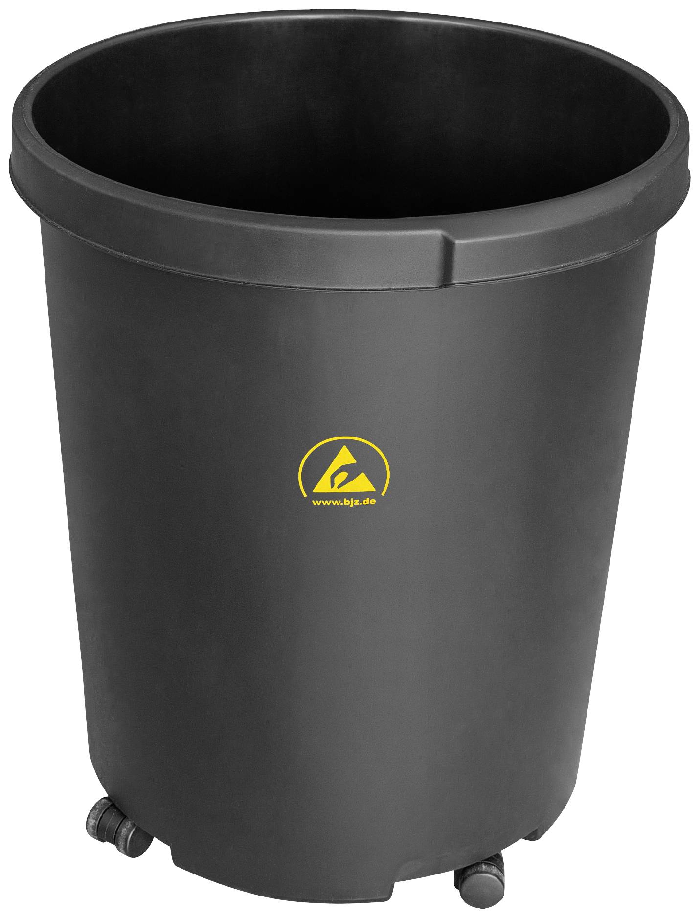 Un grand conteneur à déchets noir, rond, avec des roues et un logo jaune au centre. Le conteneur est debout.