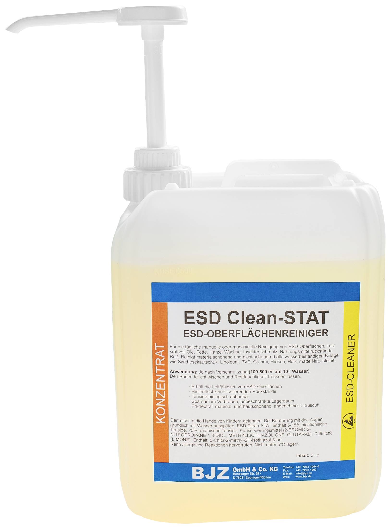 Un bidon de liquide, étiqueté 'ESD Clean-STAT Nettoyant de surface ESD'. Contient 5 litres.