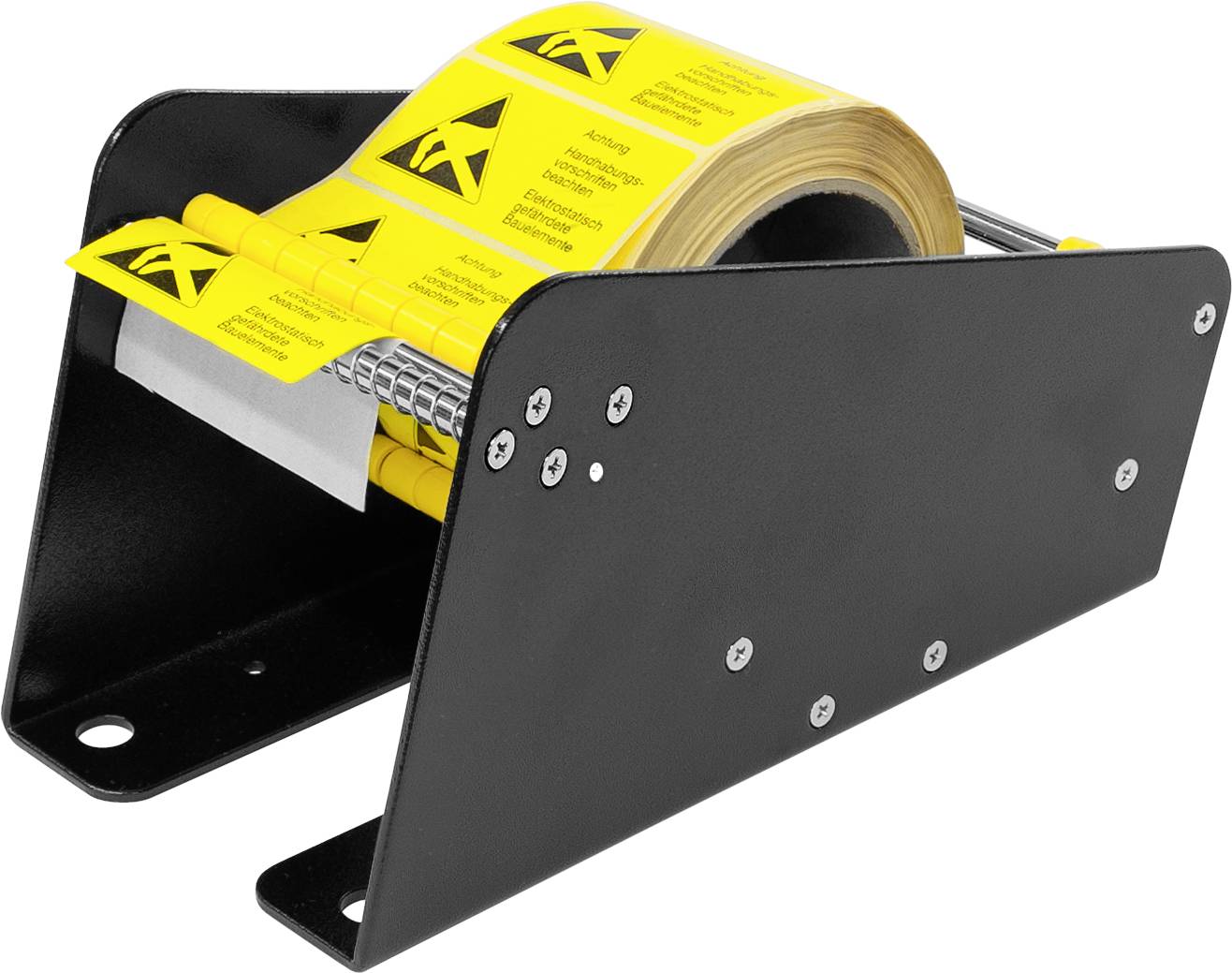 Un distributeur d'étiquettes avec des étiquettes d'avertissement jaunes portant un symbole d'avertissement. Le distributeur permet un retrait facile des étiquettes.