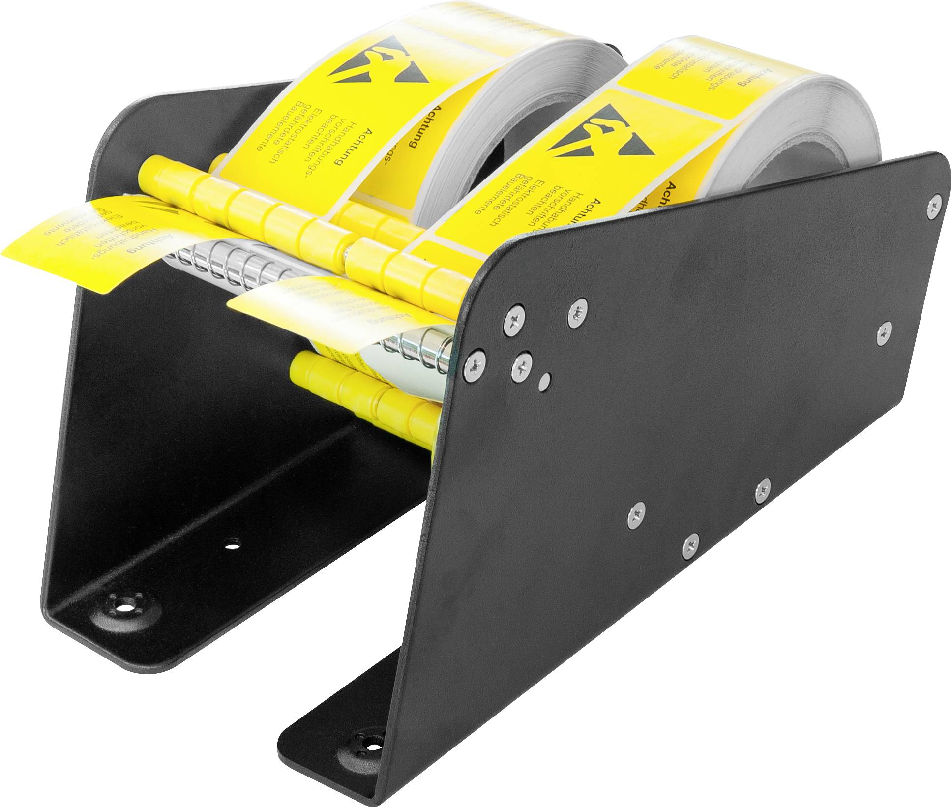 Un dévidoir d'étiquettes noir avec deux rouleaux d'étiquettes d'avertissement jaunes.