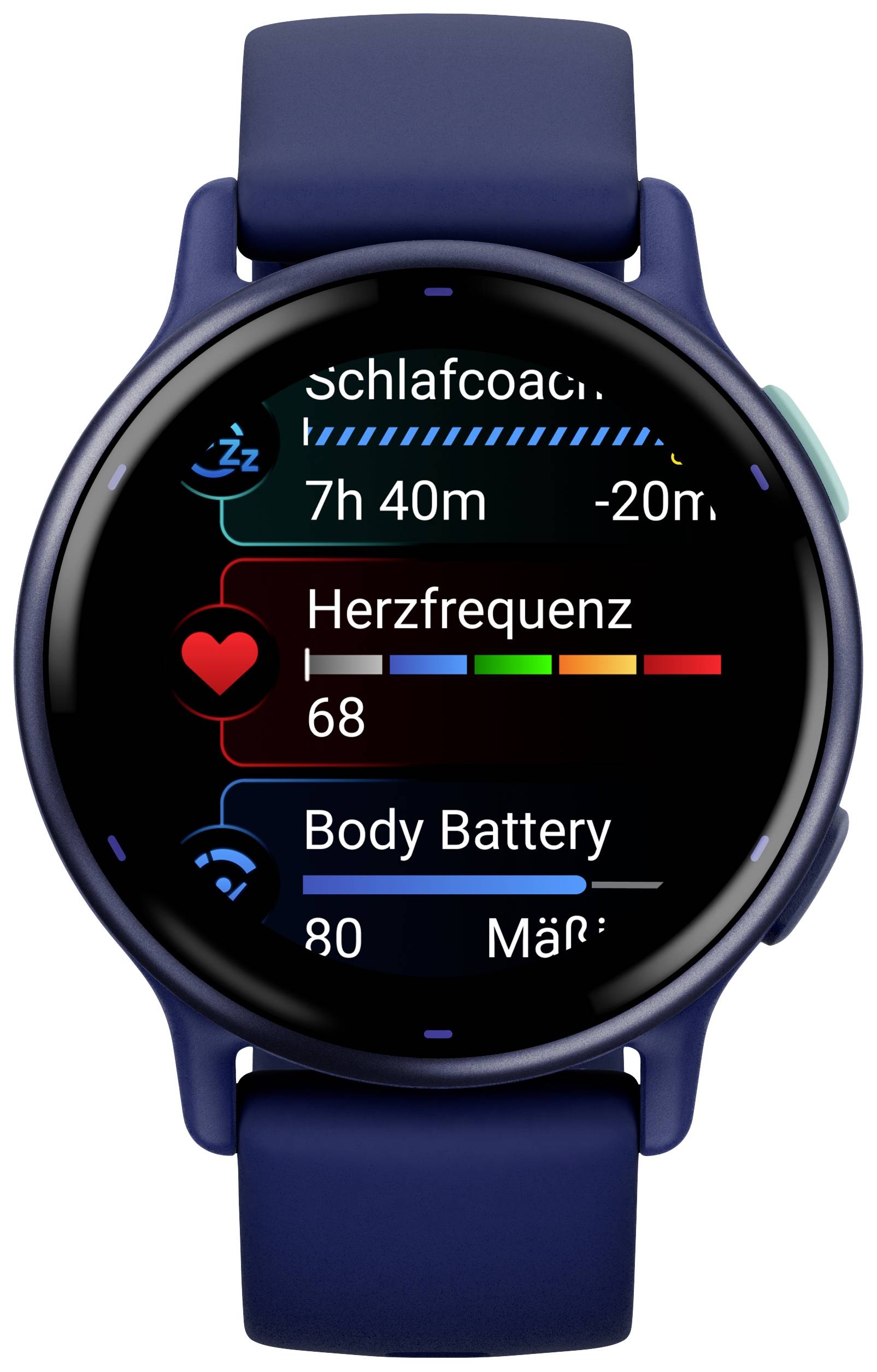 Une montre connectée affiche les données de coaching du sommeil, la fréquence cardiaque (68 bpm) et la valeur de la « batterie corporelle » (80).