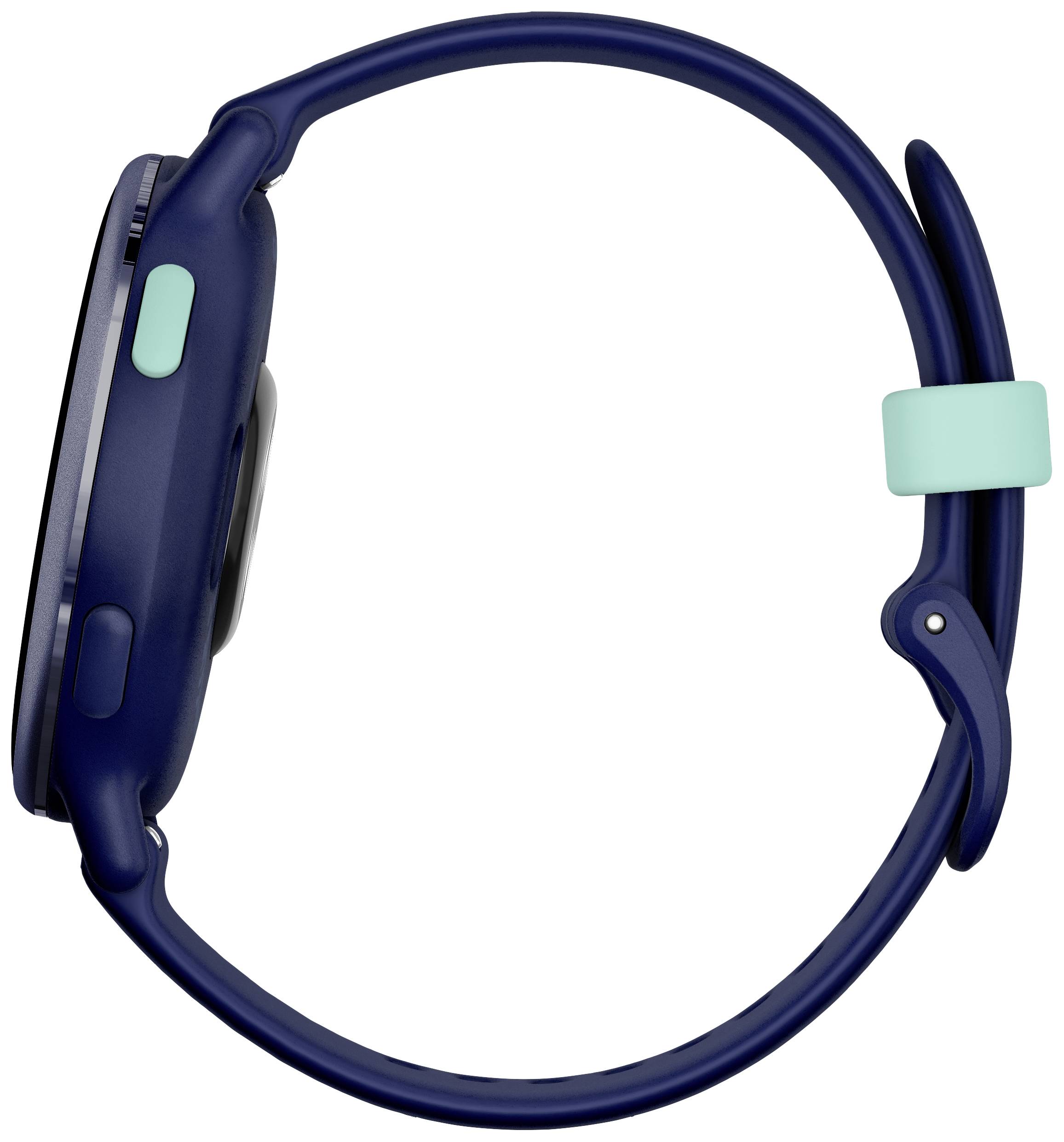 Montre connectée bleue avec boîtier rond et bouton latéral vert, vue de côté ; design moderne, bracelet sportif.