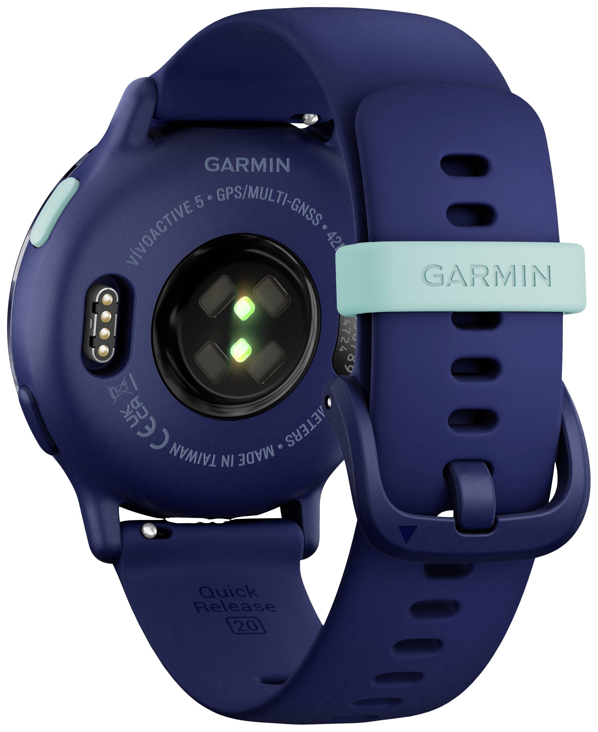 Bracelet de montre connectée Garmin bleu avec capteur de fréquence cardiaque et fonction 'Quick Release' à l'arrière. Indication de fonctionnalité GPS.
