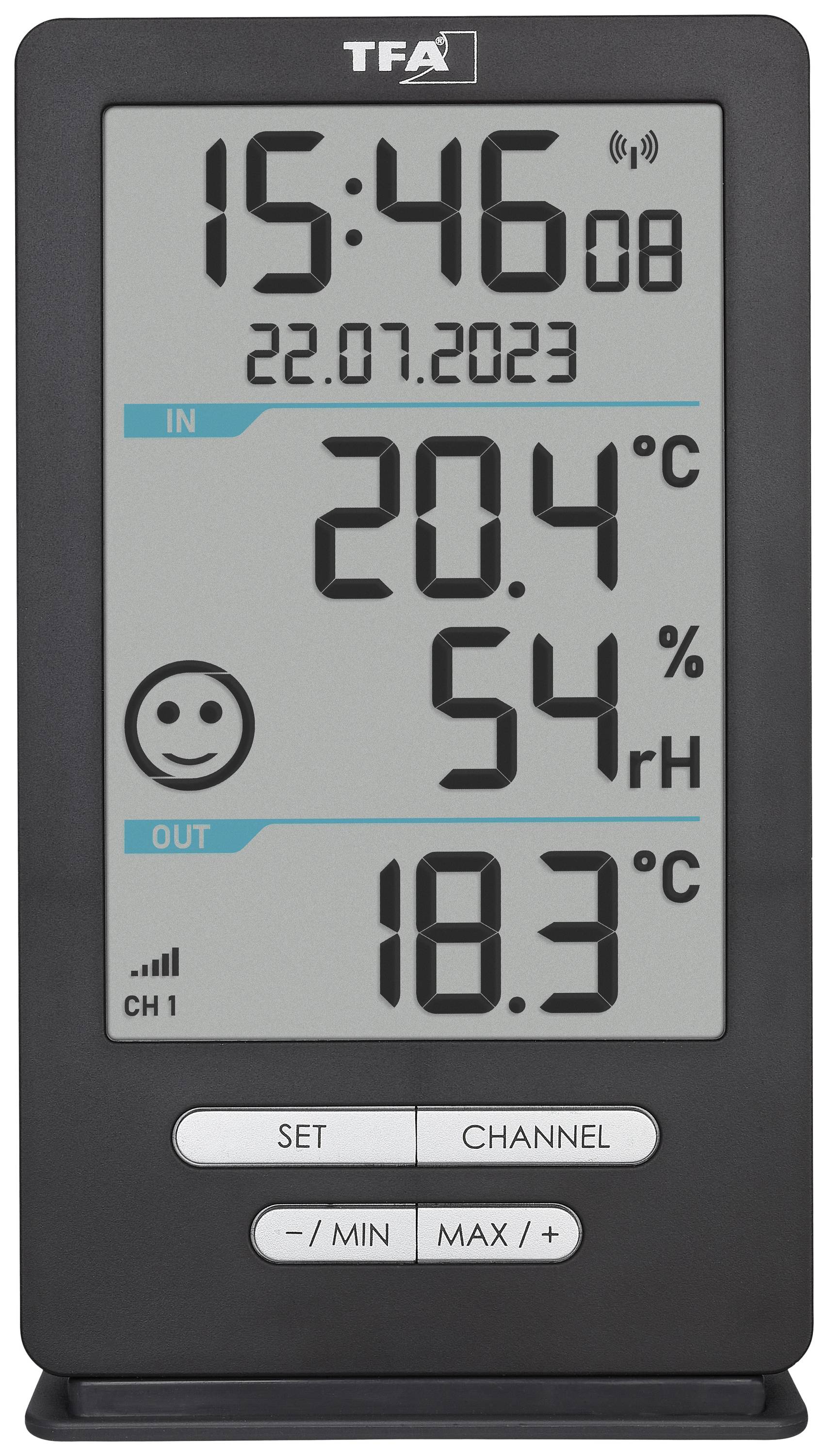 Thermomètre numérique avec affichage : Heure 15:46, Date 22.07.2023, Température intérieure 20,4°C, Humidité 54%, Température extérieure 18,3°C.