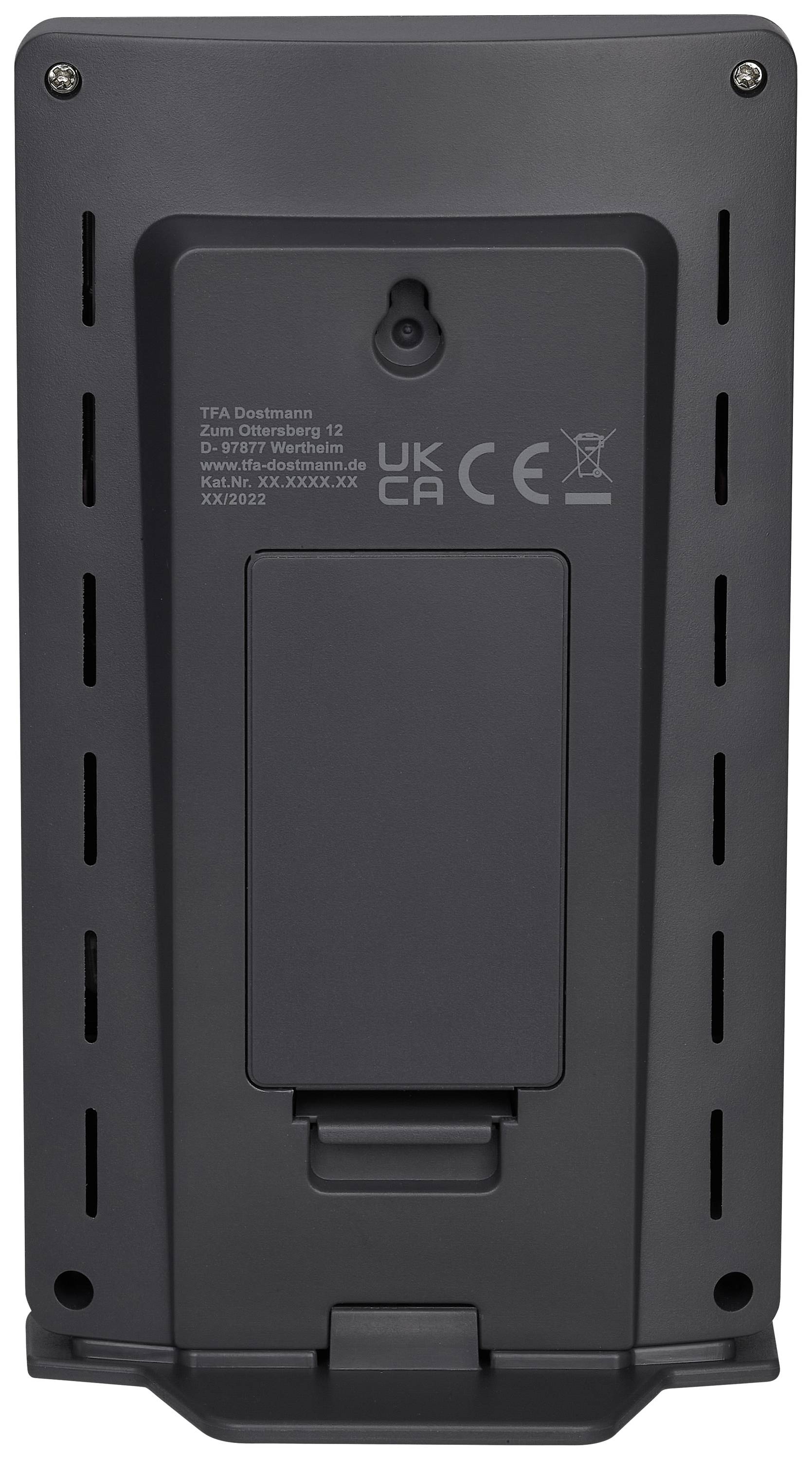 Vue arrière d'un appareil électronique avec numéros de produit et de série. Boîtier en gris foncé, détails techniques au dos.