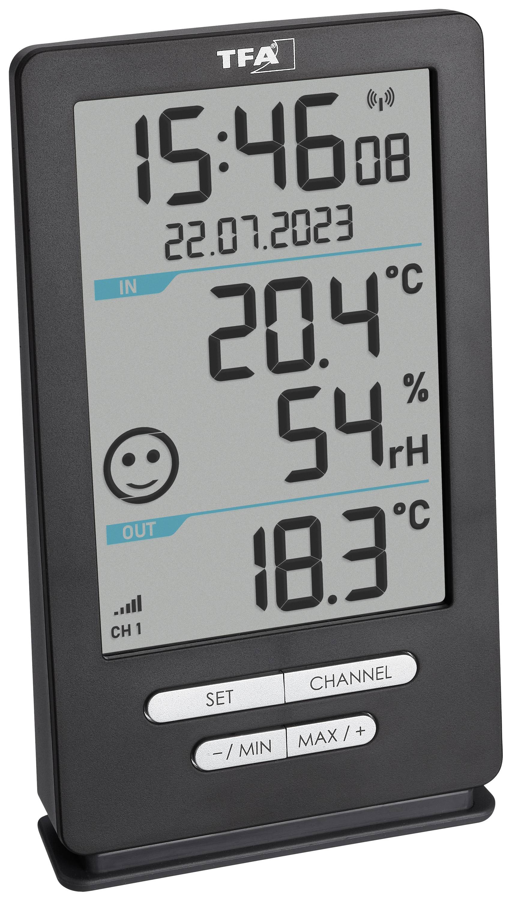 Hygromètre thermo-numérique avec affichage de la température intérieure/extérieure. Température intérieure 20,4°C, humidité relative 54% HR, température extérieure 18,3°C. Heure 15:46, date 22.07.2023.