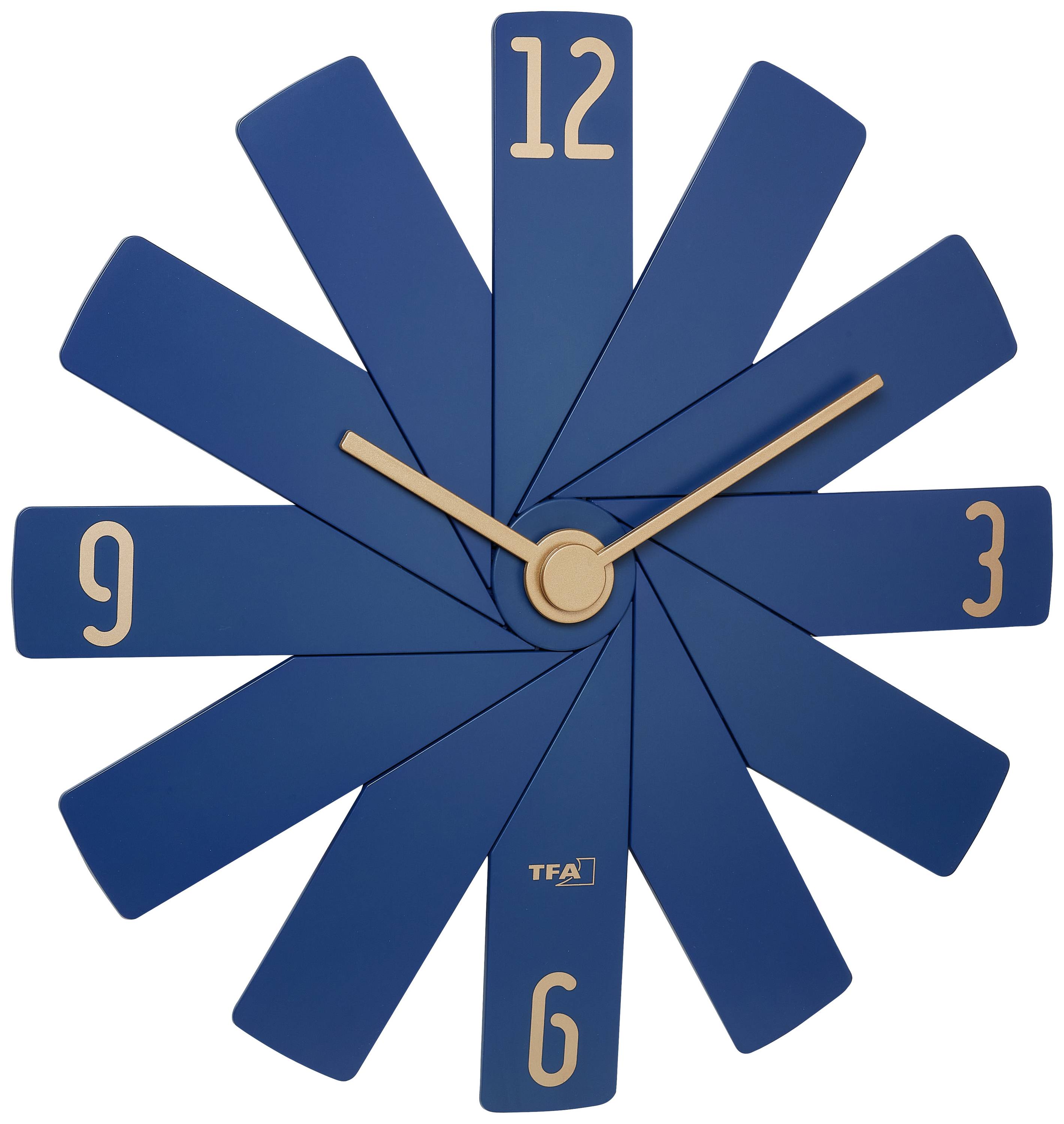 Horloge murale bleue avec douze segments qui se chevauchent. Marquages horaires à 12, 3, 6 et 9 heures. Aiguilles dorées indiquant 10:10.
