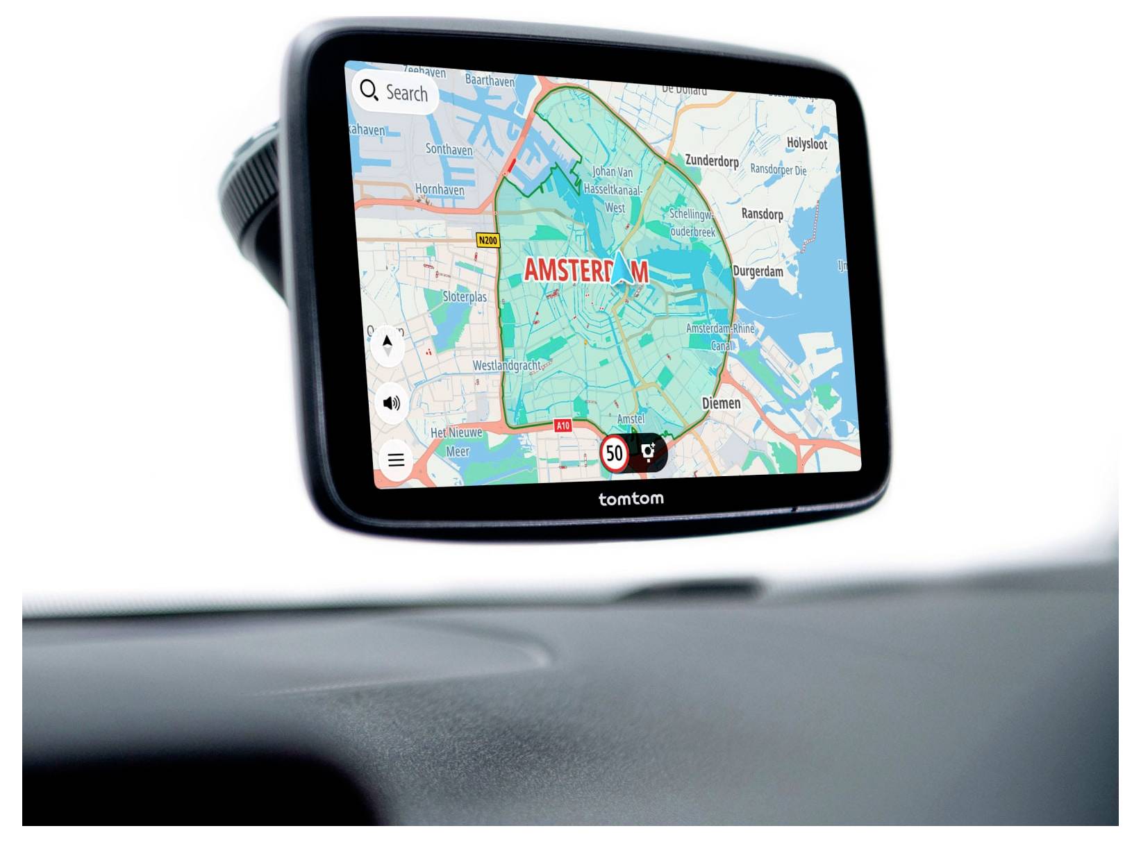 Écran de navigation TomTom GPS affichant une carte d'Amsterdam avec un itinéraire en surbrillance et une icône de limite de vitesse.