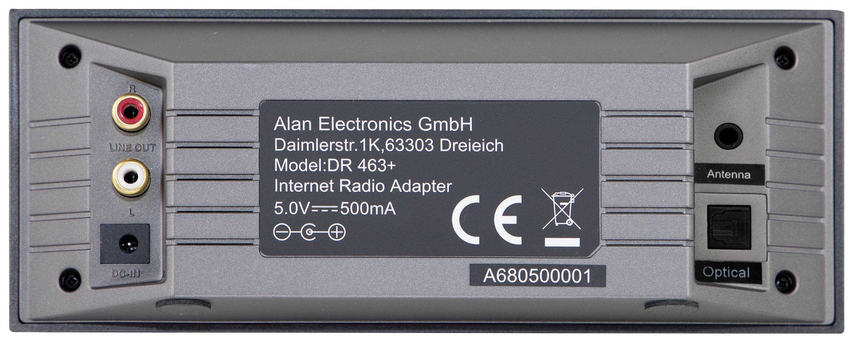 Dos d'un adaptateur radio Internet avec possibilités de connexion : Sorties RCA pour audio, port USB, sortie antenne et sortie optique.