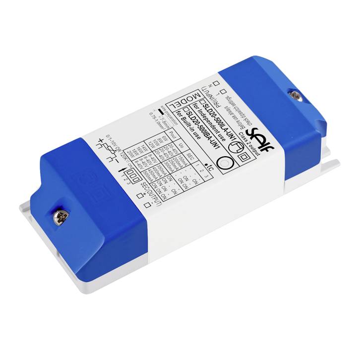 Un bloc d'alimentation LED rectangulaire en bleu et blanc avec des spécifications techniques et un diagramme sur le dessus.