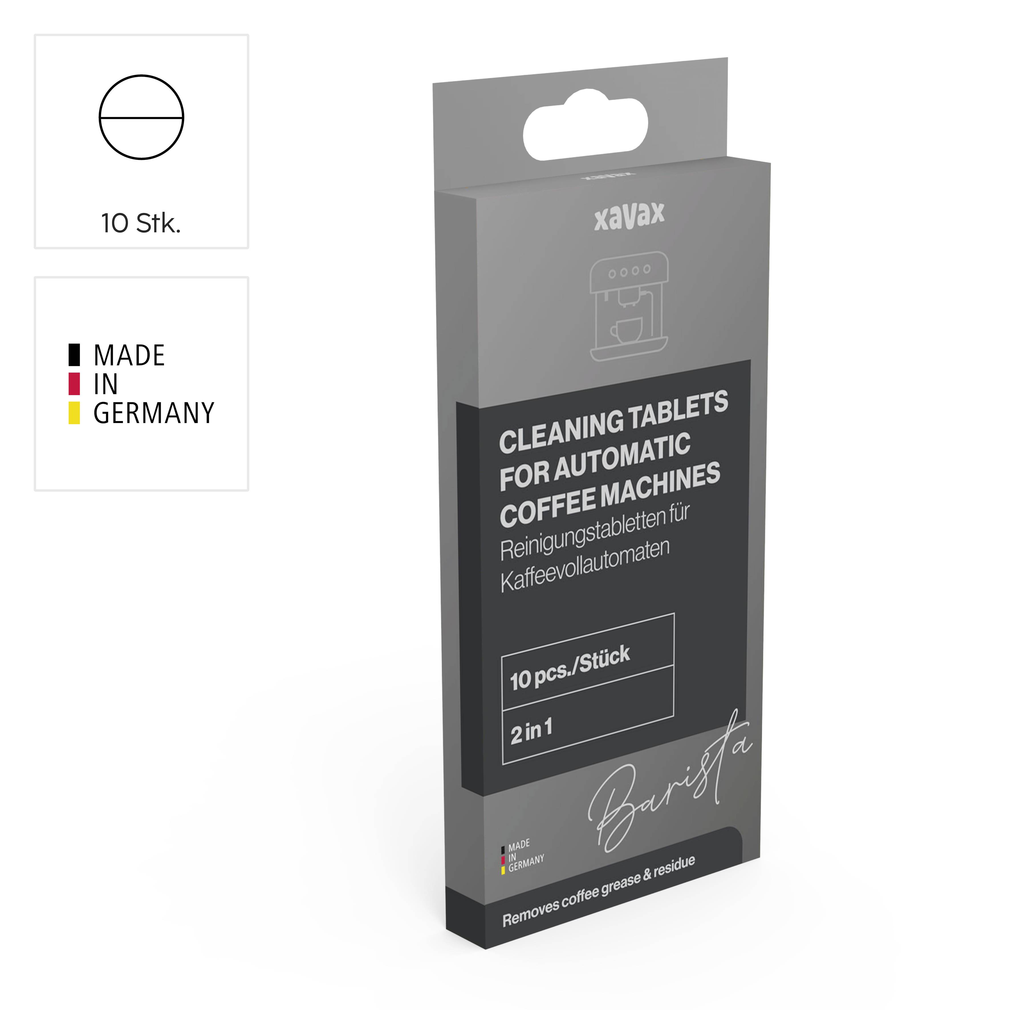 Un emballage gris pour des pastilles de nettoyage de machines à café automatiques, avec l'inscription '10 pcs./pièces, Fabriqué en Allemagne'.