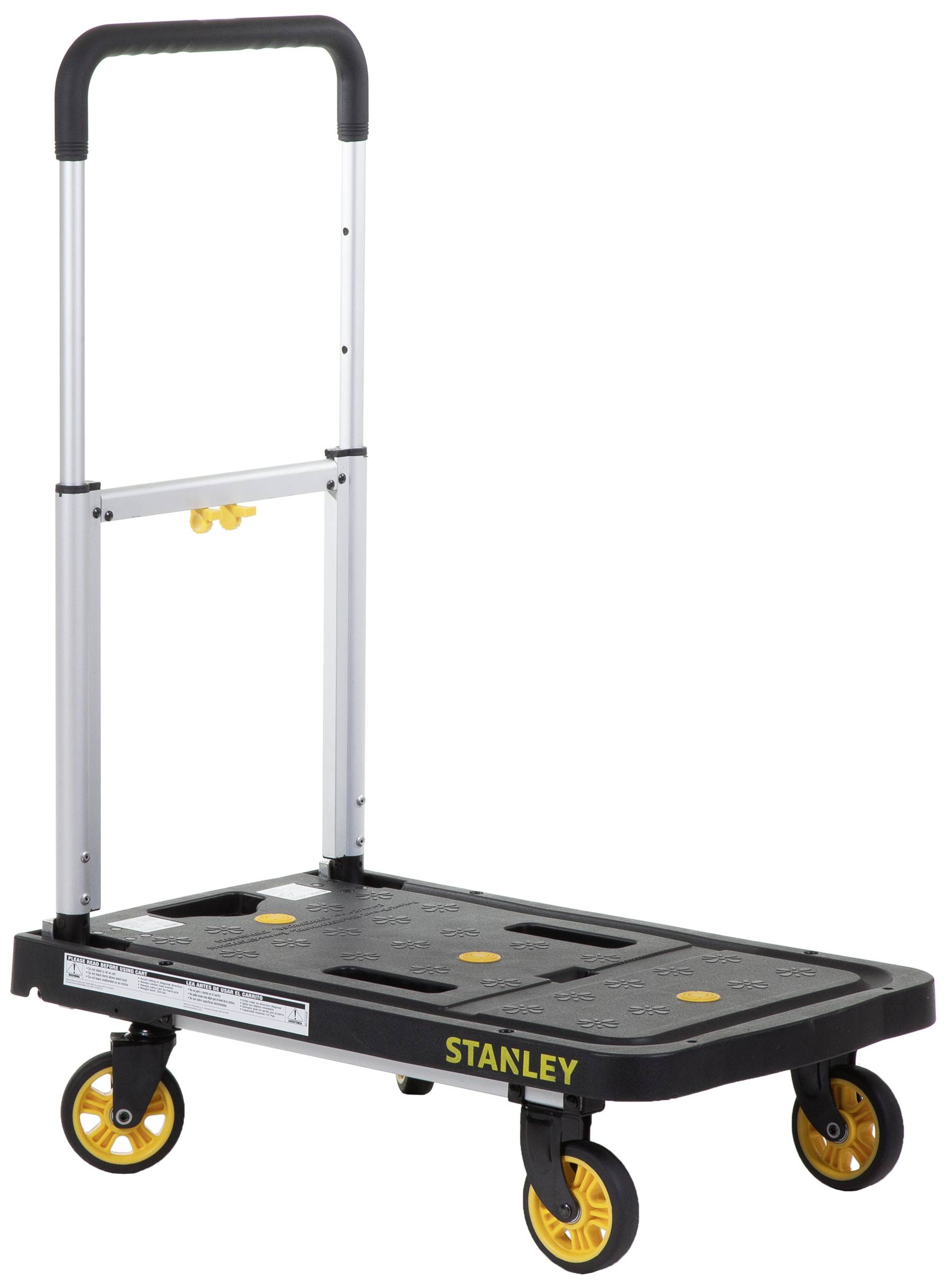 Chariot de transport pliable avec plateau noir, roues jaunes et poignée télescopique. Le nom de marque 'STANLEY' est inscrit sur le côté.