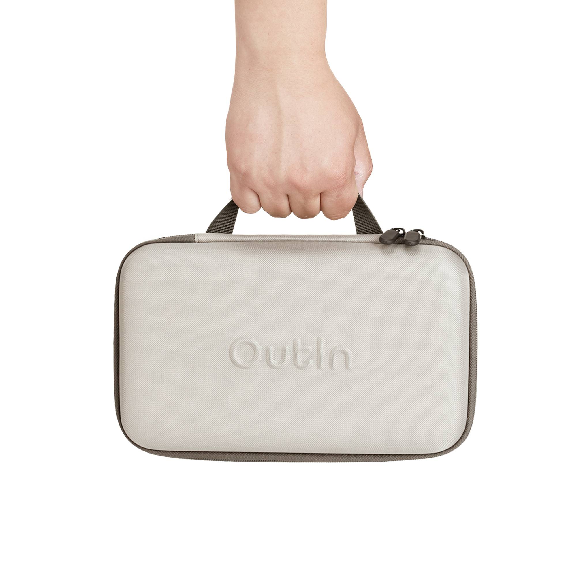 Une main tient un sac beige avec une fermeture à glissière, et l'inscription 'Oulin' est visible sur le sac.