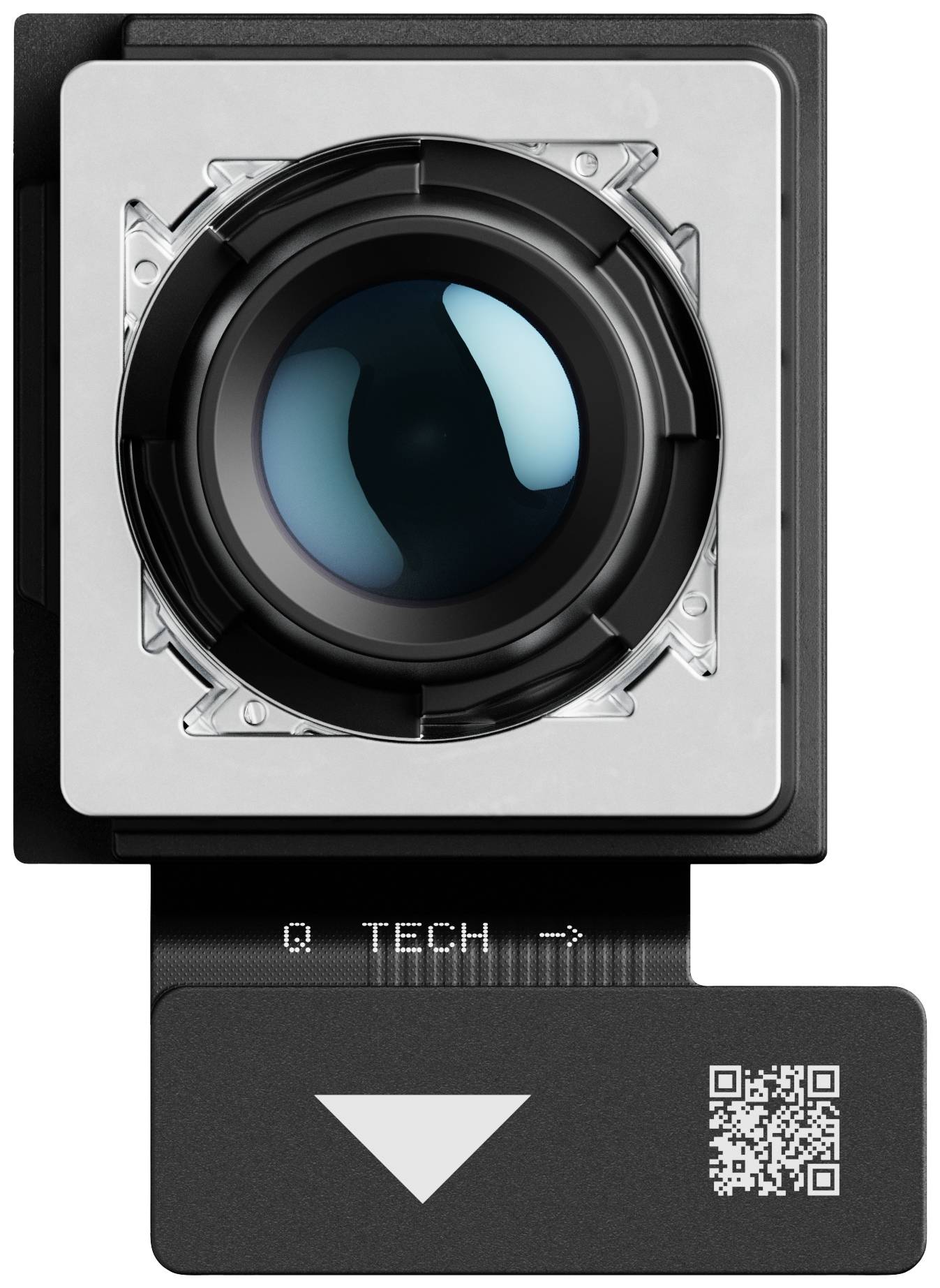 Module caméra avec objectif visible et boîtier noir, comprenant un petit emblème en forme d'arbre en dessous et un code QR à droite.