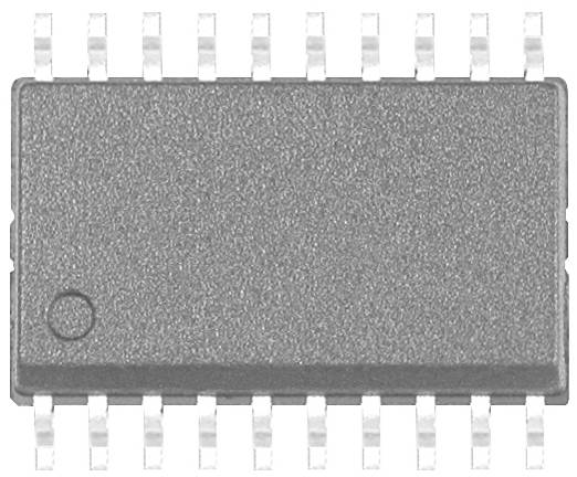 Une puce microélectronique rectangulaire grise avec 16 broches, disposées symétriquement sur les côtés, sur un fond blanc.