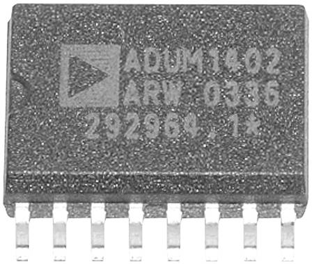 Un microprocesseur rectangulaire portant l'inscription 'ADUM1402 ARW 0335 292964 1-2'. Le circuit intégré comporte 16 broches et une surface structurée.