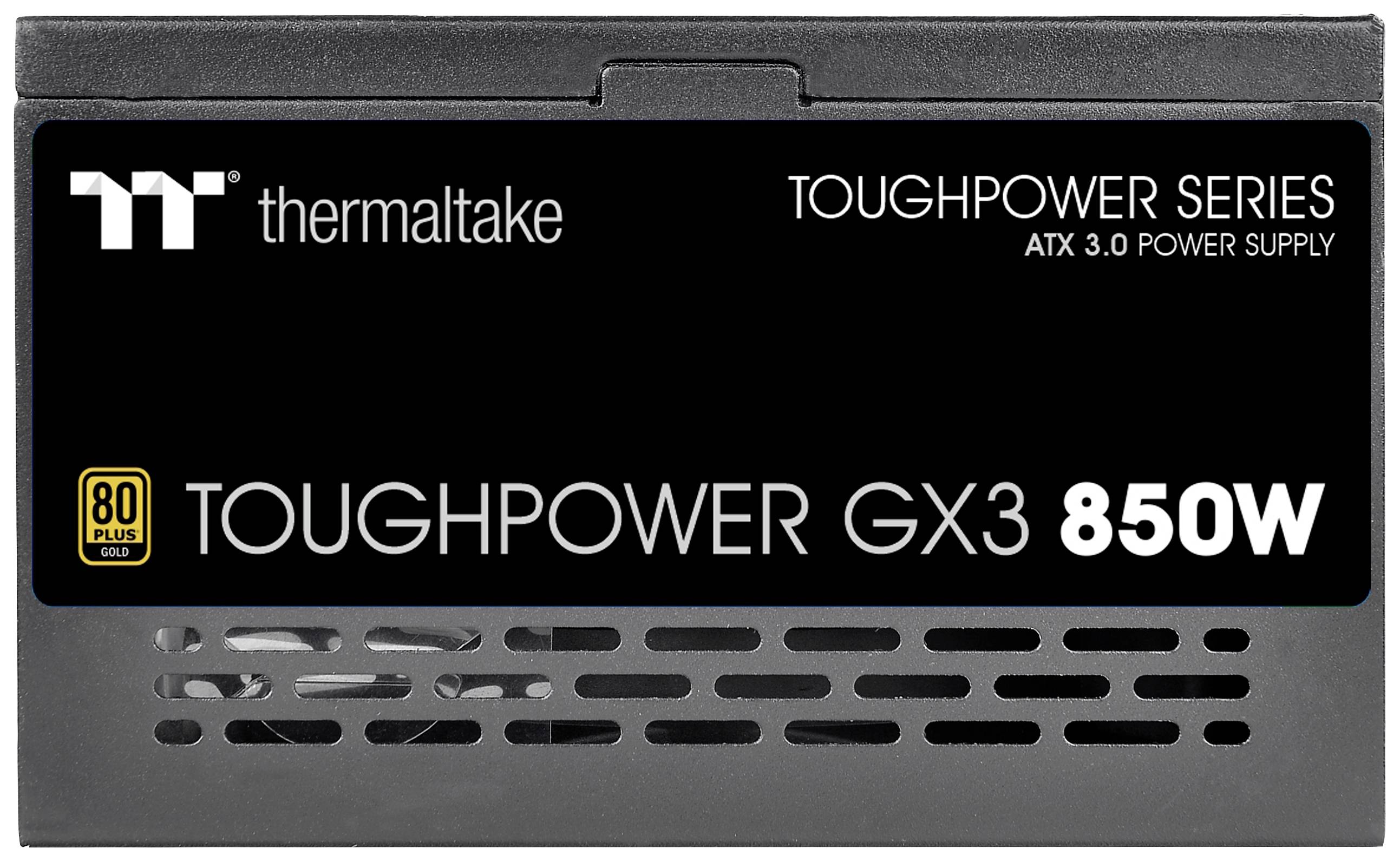 Bloc d'alimentation 'Thermaltake Toughpower GX3 850W', noir, 80 Plus Gold, ATX 3.0, adapté aux systèmes PC hautes performances, haute efficacité.