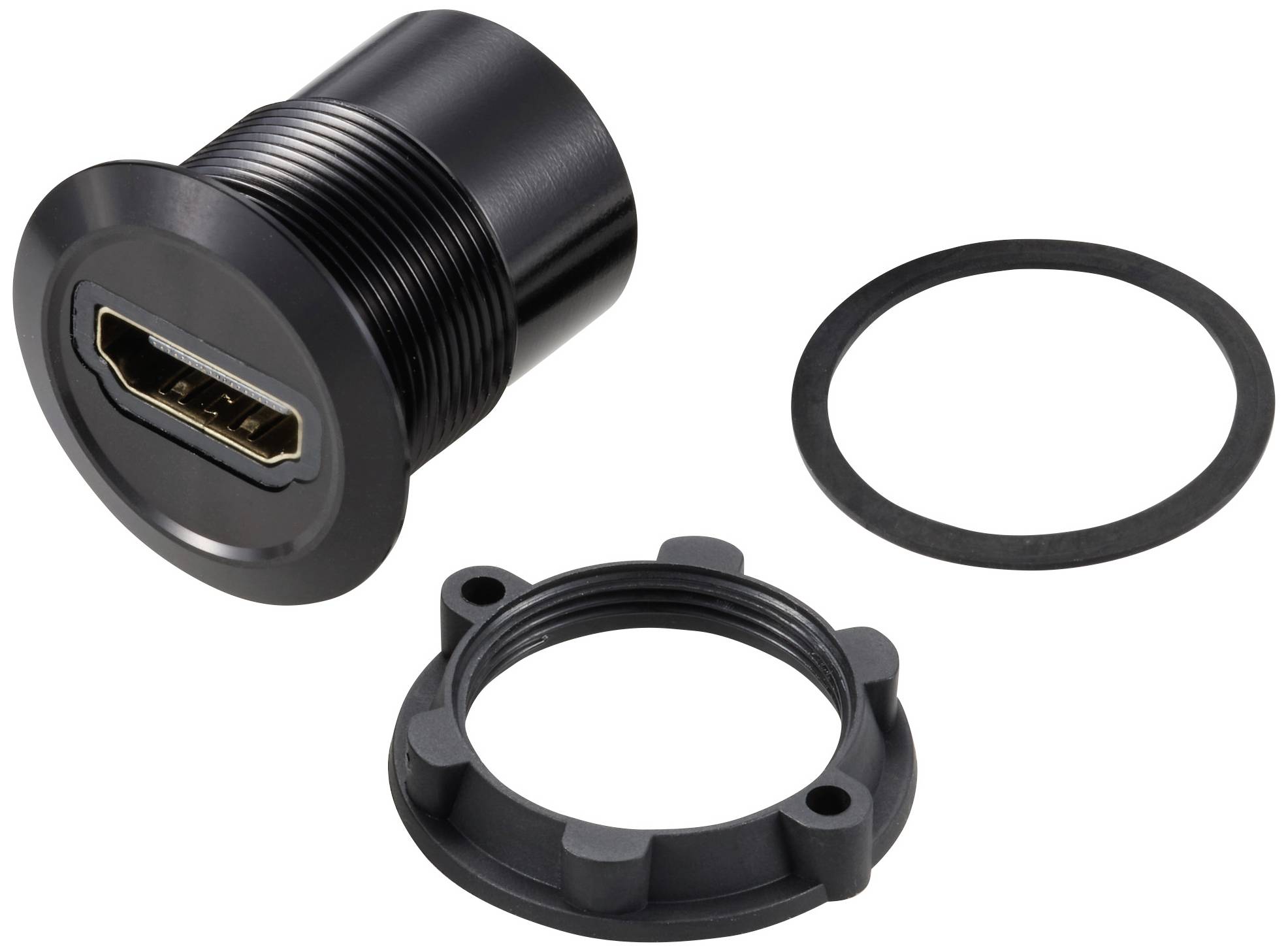 'Connecteur HDMI noir avec bague amovible et joint d'étanchéité, adapté au montage en panneau pour les appareils électroniques.'