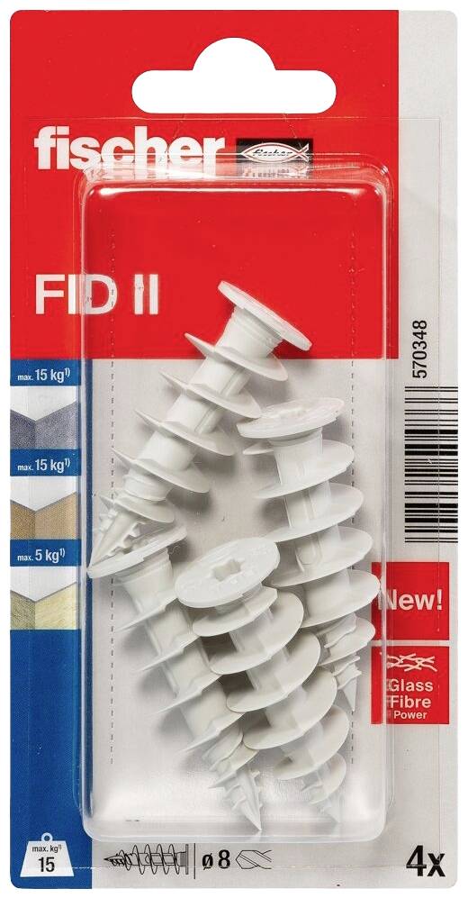 Emballage de fischer FID II, présentant quatre chevilles blanches dans un blister. Nom de marque en haut, avec des étiquettes en dessous : '15 kg' et '5 kg'. Adapté pour le plaques de plâtre et les matériaux isolants.