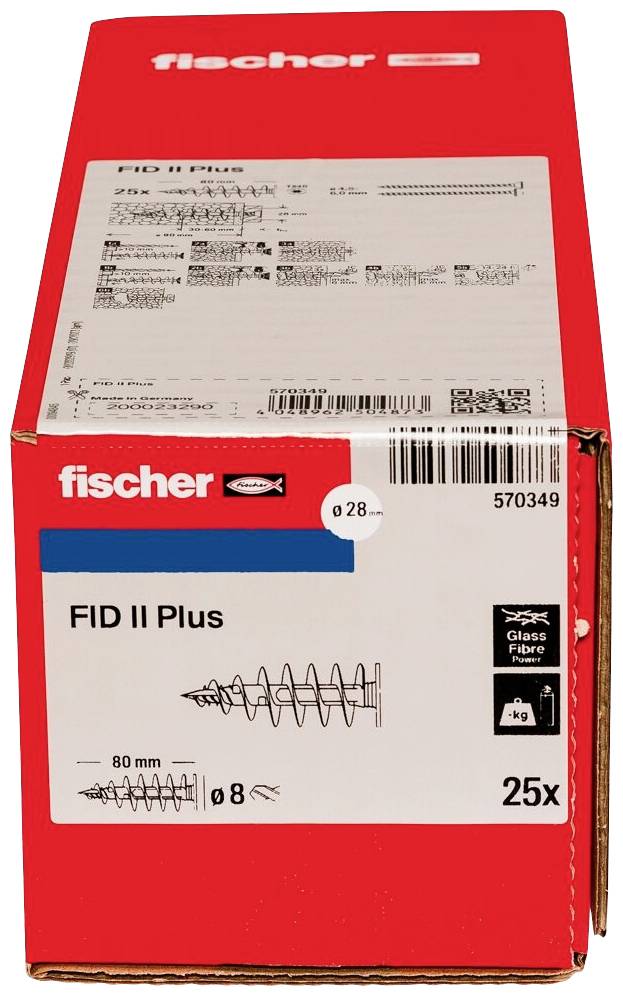 Un emballage rouge de Fischer contenant 25 chevilles FID II Plus, longues de 80 mm, de diamètre 8 mm, avec des informations et un code-barres visibles.