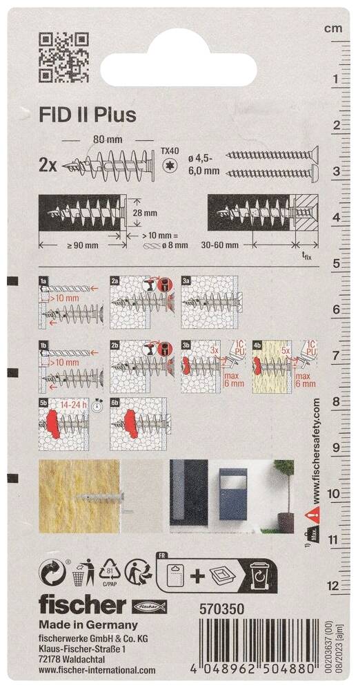Instructions de montage des chevilles Fischer FID II Plus pour panneaux isolants, incluant les dimensions et illustrations des étapes pour différentes applications.