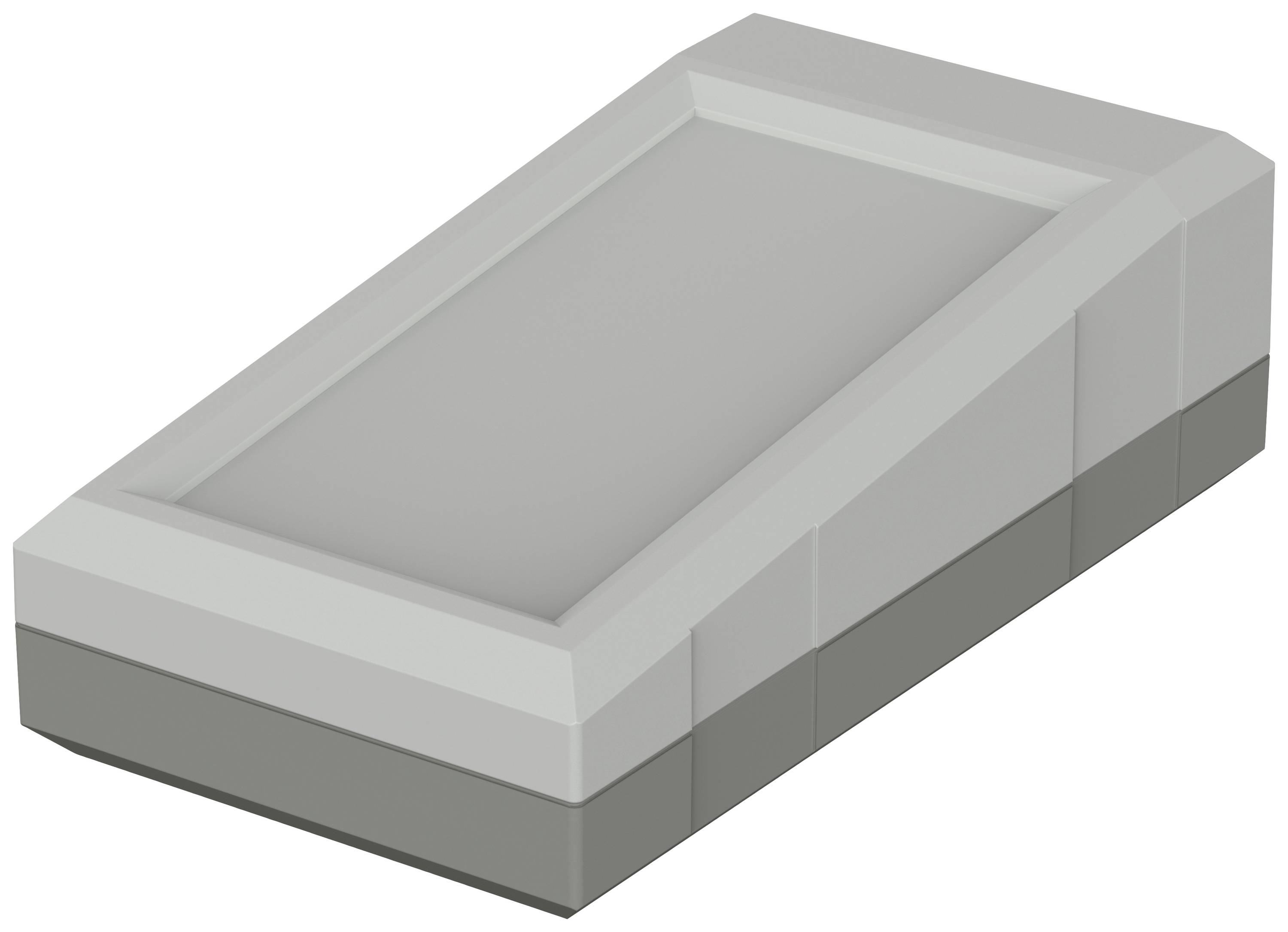 Élément rectangulaire gris avec un dessus biseauté, probablement un composant d'un système de construction modulaire comme Lego.