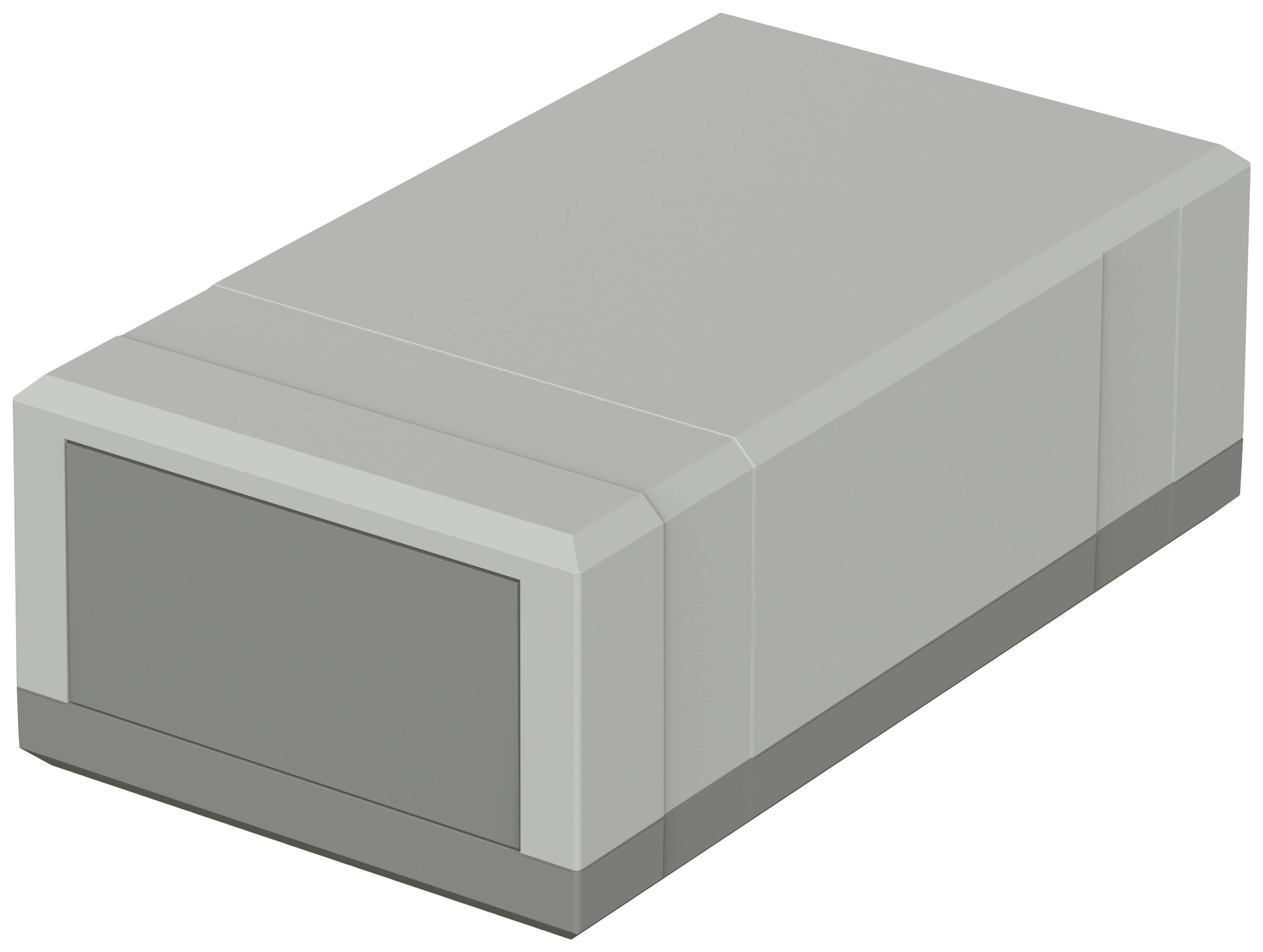 Boîte rectangulaire grise industrielle, possiblement un boîtier ou un couvercle pour des équipements techniques.