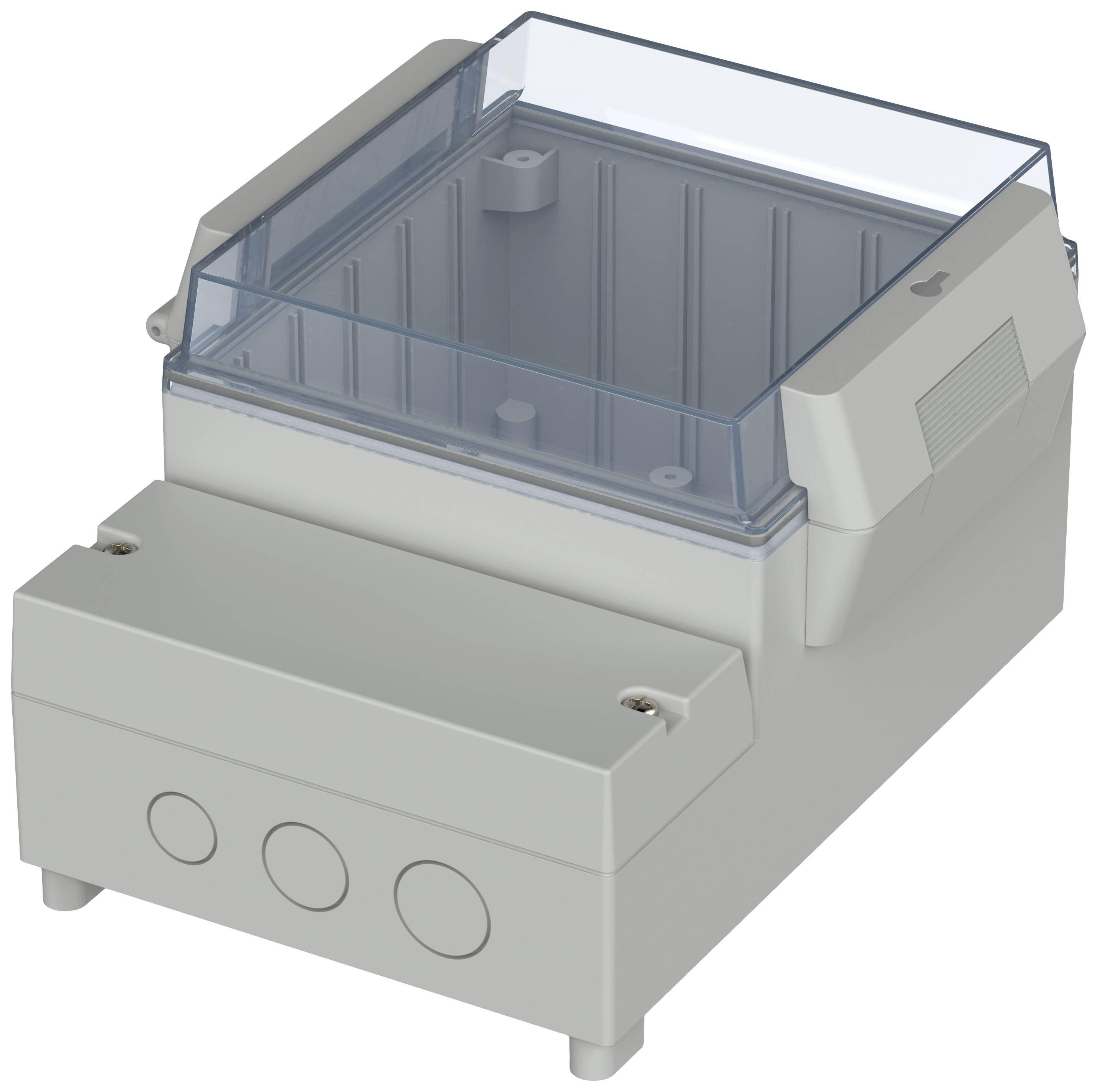 Boîtier électrique gris avec un couvercle transparent, des angles arrondis et des passages de câbles sur les côtés.